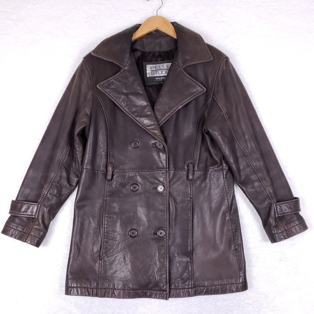 Pelle Studio Wilsons Leather Brown Double Breasted Pea Coat Jacket Womens Medium